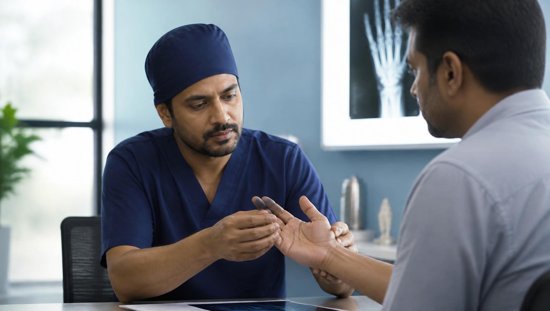 Surgeon examining a patient's hand during a clinic consultation